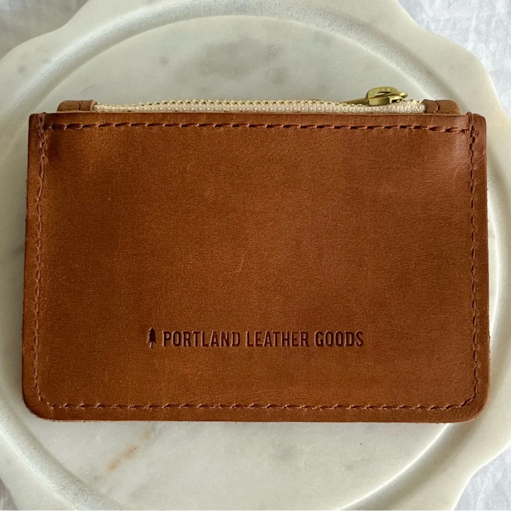 Portland Leather Wallet Honey Brown Zip Coins Cards Snap EUC - Picture 2 of 4